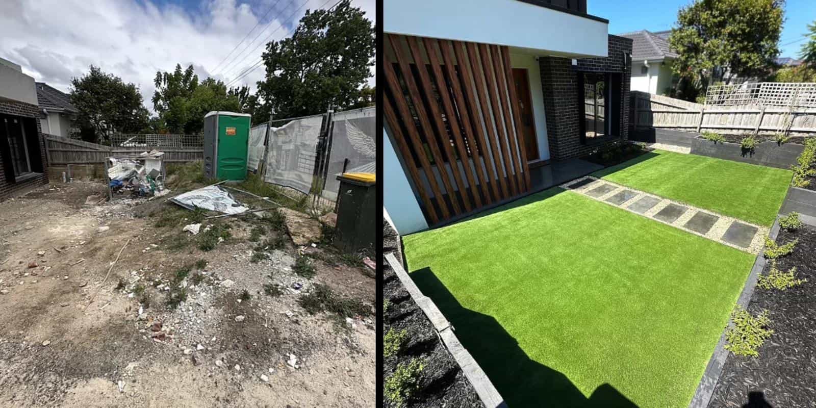Before and after garden makeover transformation in Melbourne showing modern landscaped yard